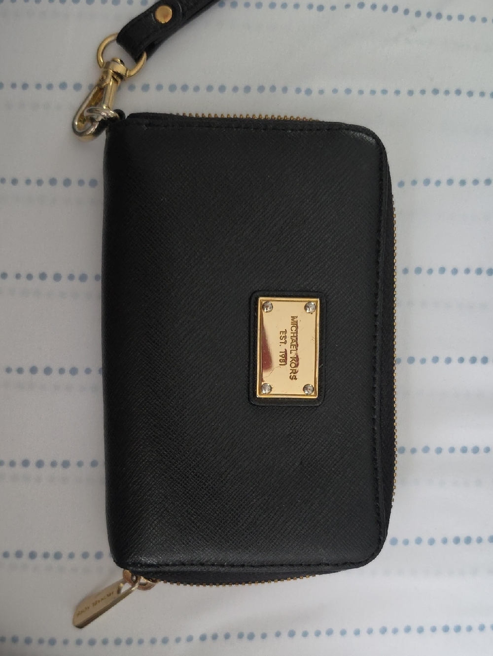 Michael Kors Black Leather Zip-Around Wristlet with Gold Plaque